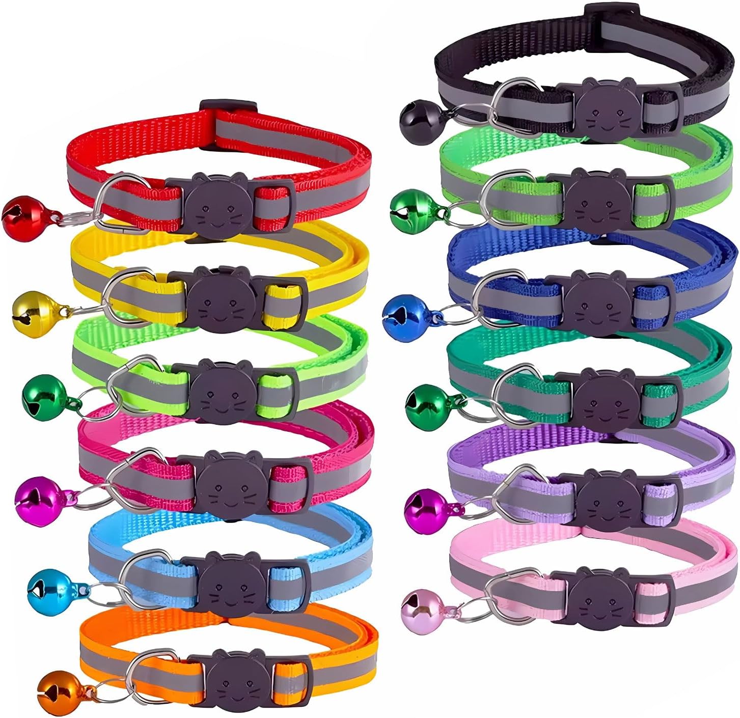 SereneStock Cat Collar- Reflective Cat Collars with Bells- Quick Release Cat Collar- Adjustable to Fit All Cats- Breakaway Safe Kitten Collar (12 Pack) (Mix Color)