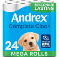 Andrex Complete Clean 24 Mega Toilet Rolls= 36 Standard Toilet Rolls, 50% Longer Lasting Paper with Unique 3D Wave Texture - FSC Certified