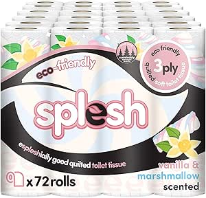 Splesh by Cusheen 3-ply Toilet Roll - Vanilla & Marshmallow Scented (72 Rolls) Bulk Buy, Quilted Toilet Rolls, Soft and Strong Toilet Tissue and Loo Rolls - Eco-Friendly Toilet Paper Sustainably Craft