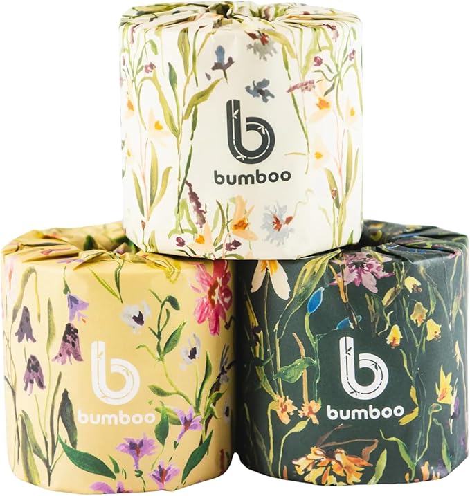 Bumboo Bamboo Toilet Roll 24 Pack | Wildflower Edition Wrapped Toilet Paper 3 ply, 300 Sheets | Eco Friendly Toilet Paper | Plastic-Free, Soft, Strong, Sustainable & Biodegradable Toilet Tissue