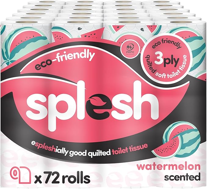 Splesh by Cusheen Toilet Roll 72 Rolls - Watermelon Scent Bulk Family Pack | Soft 3 Ply Quilted Bathroom Tissue Loo Rolls | Eco-Friendly, Sustainable Toilet Paper