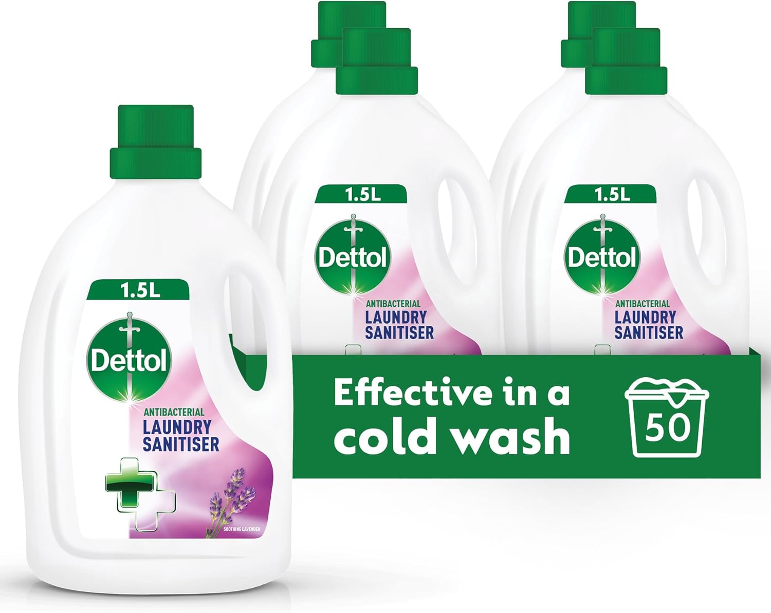 Dettol Laundry Sanitiser, Antibacterial, Lavender Scented, 6L Total (1.5L x 4pck) 12hr Freshness, Removes Odour, Prevents colour fading, Kills 99.9 Percent of Bacteria