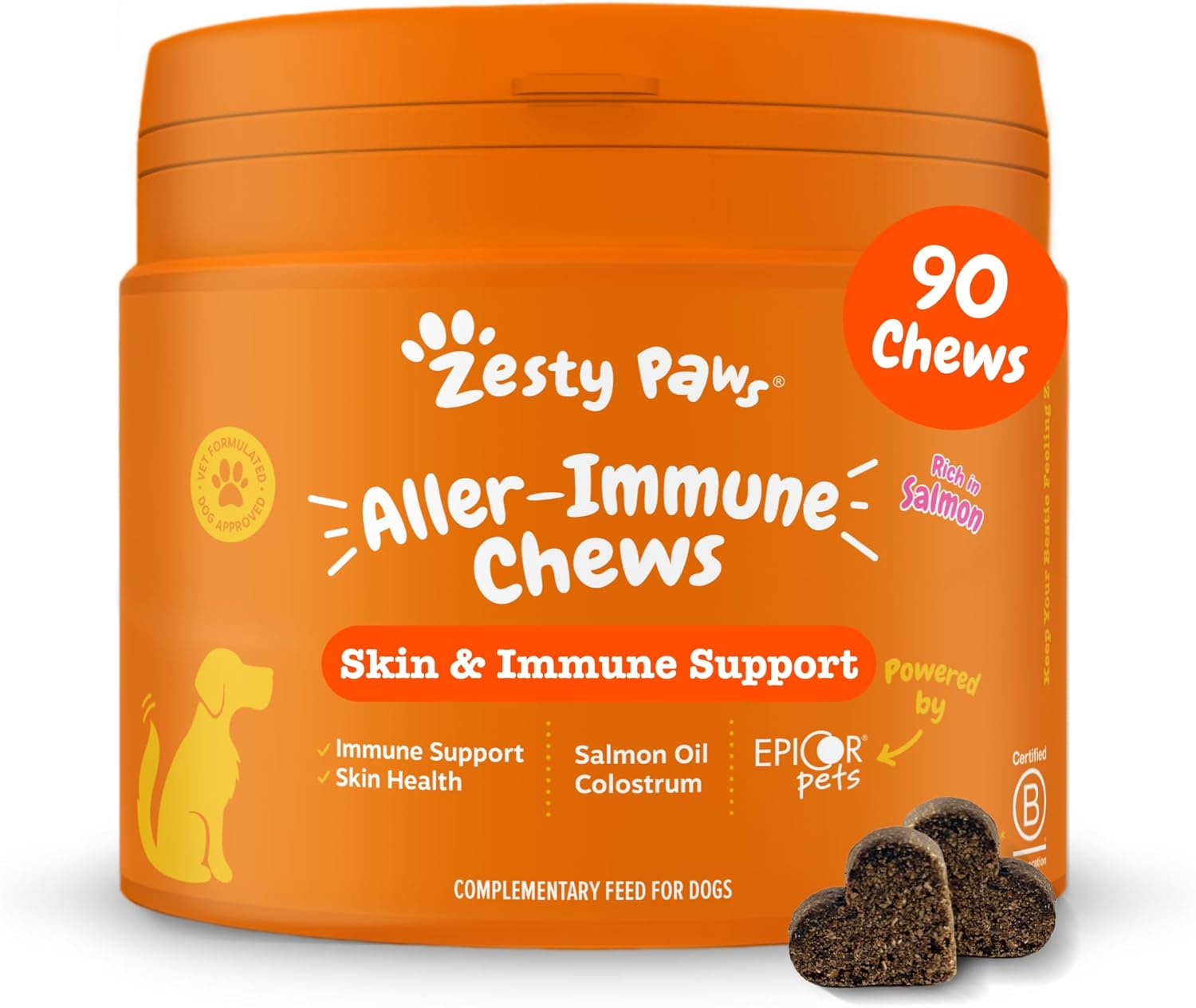 Zesty Paws Aller-Immune Chews for Dogs | Supports Immune Function, Helps Gut, Skin & Coat Health, For Itchy, Dry Skin | Contains Salmon Oil, Prebiotics, Probiotics, Vitamin A | Daily Use | 90 Chews
