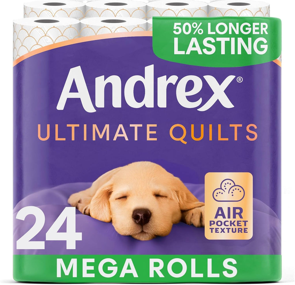 Andrex Ultimate Quilts 24 Mega Toilet Rolls = 36 Standard Toilet Rolls, 50% Longer Lasting Paper, Air Pocket Technology for Soft, Thick Sheets, FSC Certified