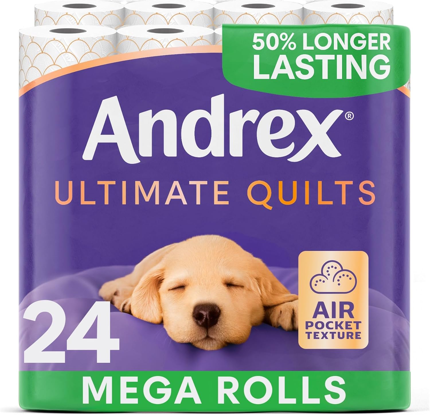 Andrex Ultimate Quilts 24 Mega Toilet Rolls = 36 Standard Toilet Rolls, 50% Longer Lasting Paper, Air Pocket Technology for Soft, Thick Sheets, FSC Certified