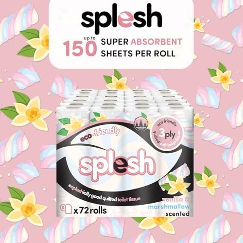 Splesh by Cusheen 3-ply Toilet Roll - Vanilla & Marshmallow Scented (72 Rolls) Bulk Buy, Quilted Toilet Rolls, Soft and Strong Toilet Tissue and Loo Rolls - Eco-Friendly Toilet Paper Sustainably Craft
