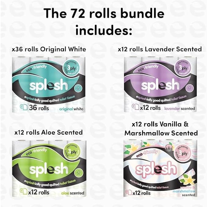 Splesh Variety Pack - 72 Toilet Rolls with a Difference - 3X Packs Original White, 1x Pack Vanilla & Marshmallow, 1x Pack Aloe Vera& 1x Pack Lavender Fragrance