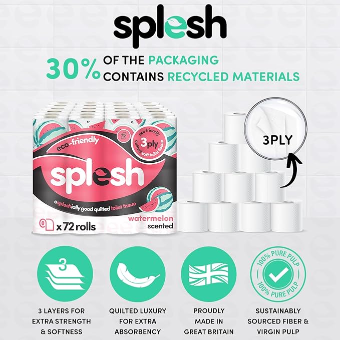 Splesh by Cusheen Toilet Roll 72 Rolls - Watermelon Scent Bulk Family Pack | Soft 3 Ply Quilted Bathroom Tissue Loo Rolls | Eco-Friendly, Sustainable Toilet Paper