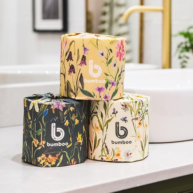 Bumboo Bamboo Toilet Roll 24 Pack | Wildflower Edition Wrapped Toilet Paper 3 ply, 300 Sheets | Eco Friendly Toilet Paper | Plastic-Free, Soft, Strong, Sustainable & Biodegradable Toilet Tissue