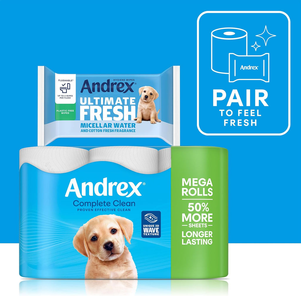 Andrex Complete Clean 24 Mega Toilet Rolls= 36 Standard Toilet Rolls, 50% Longer Lasting Paper with Unique 3D Wave Texture - FSC Certified
