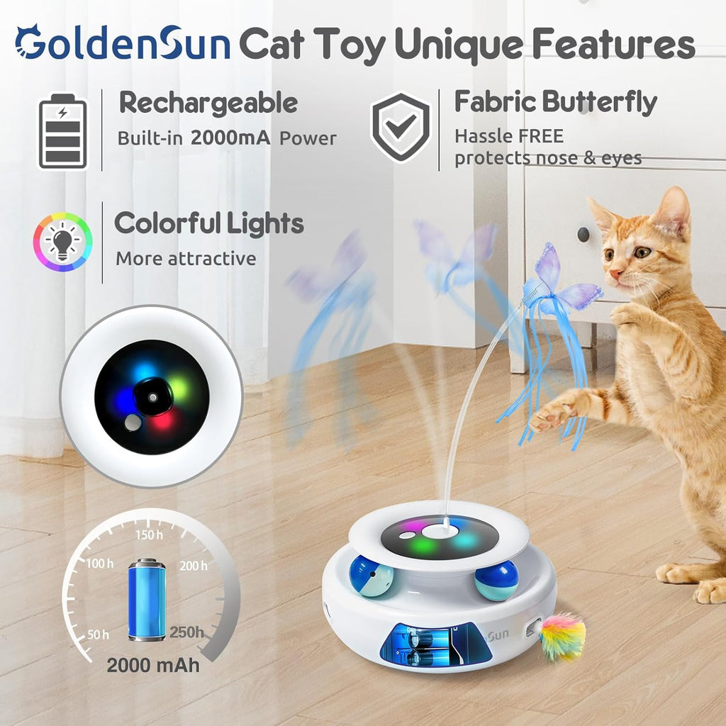 GoldenSun 3-In-1 Interactive Cat Toys for Indoor Cats Adult, Smart Cat Feather Toys, Rechargeable Power Cat Toys Balls & Handmade Butterfly Cat Toy, Teaser with 6 Attachments