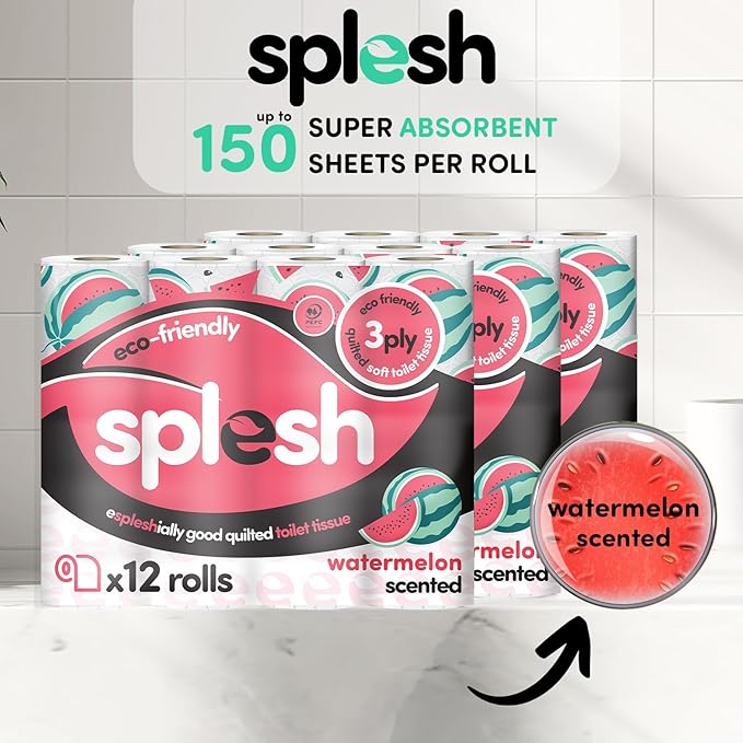 Splesh by Cusheen Toilet Roll 72 Rolls - Watermelon Scent Bulk Family Pack | Soft 3 Ply Quilted Bathroom Tissue Loo Rolls | Eco-Friendly, Sustainable Toilet Paper