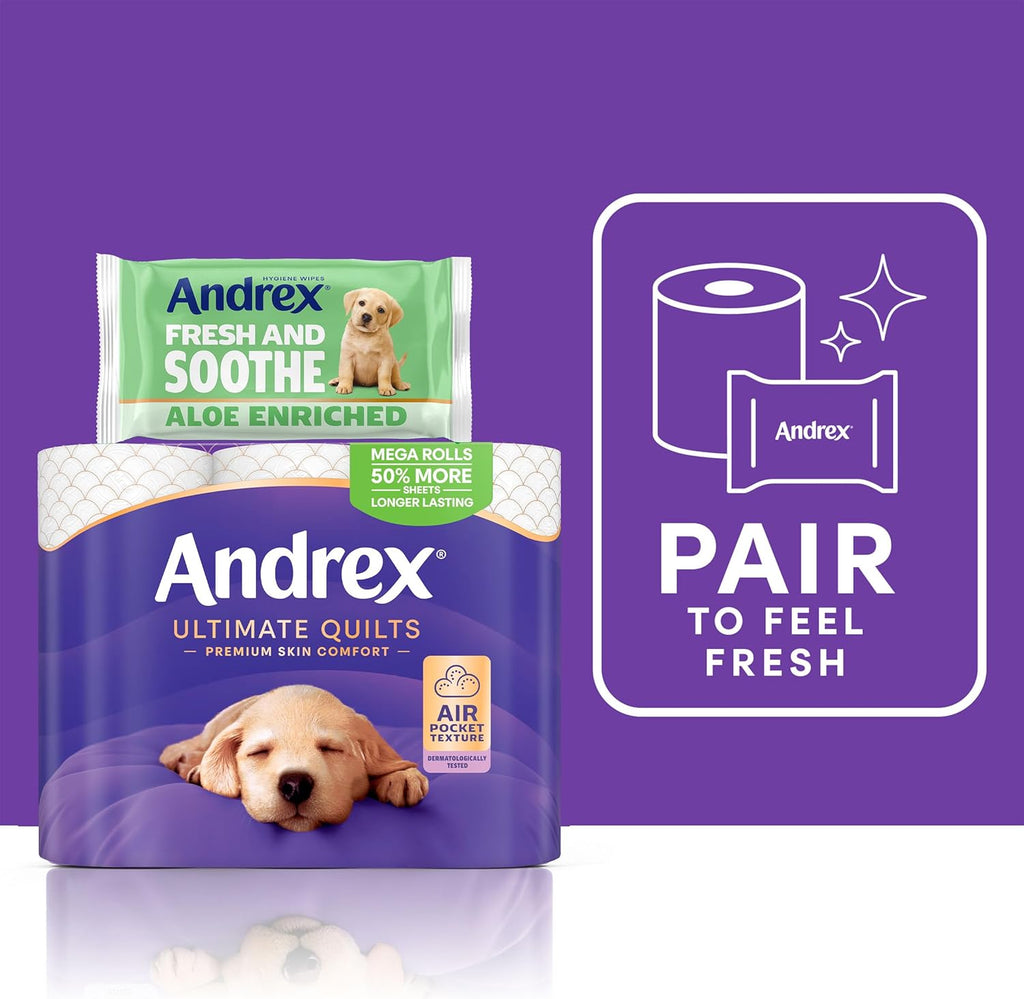 Andrex Ultimate Quilts 24 Mega Toilet Rolls = 36 Standard Toilet Rolls, 50% Longer Lasting Paper, Air Pocket Technology for Soft, Thick Sheets, FSC Certified