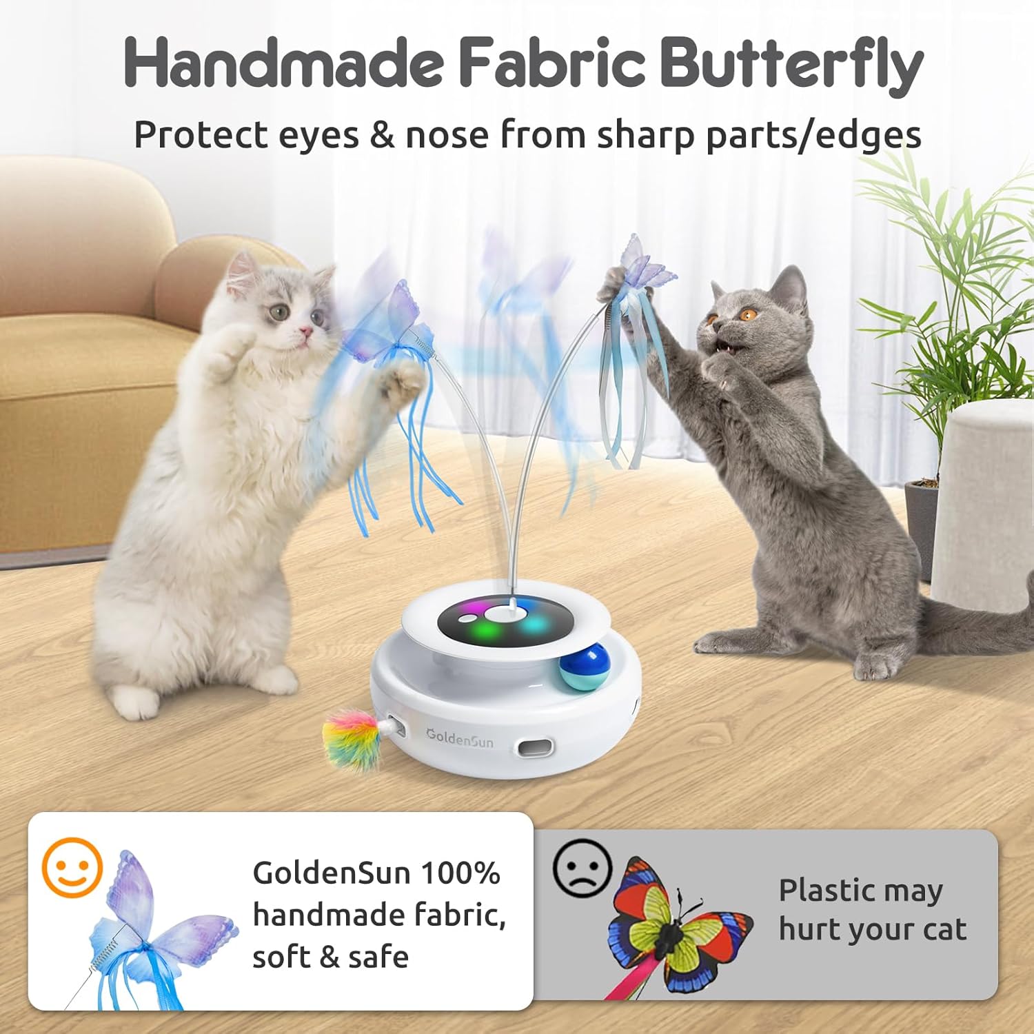 GoldenSun 3-In-1 Interactive Cat Toys for Indoor Cats Adult, Smart Cat Feather Toys, Rechargeable Power Cat Toys Balls & Handmade Butterfly Cat Toy, Teaser with 6 Attachments