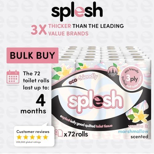 Splesh by Cusheen 3-ply Toilet Roll - Vanilla & Marshmallow Scented (72 Rolls) Bulk Buy, Quilted Toilet Rolls, Soft and Strong Toilet Tissue and Loo Rolls - Eco-Friendly Toilet Paper Sustainably Craft