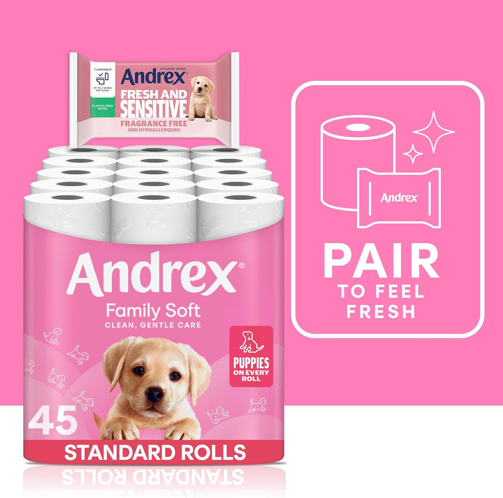 Andrex Family Soft Toilet Tissue 45 Rolls (Previously Andrex Gentle Clean) Gentle on your Family’s skin– Bulk Pack of 45 Toilet Rolls, FSC Certified