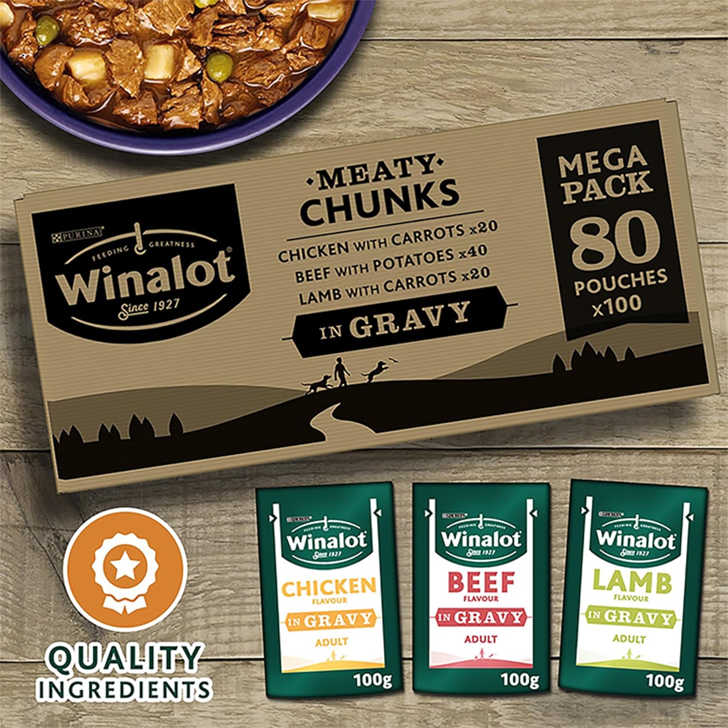 WINALOT Meaty Chunks Mixed in Gravy Wet Dog Food Pouches 80x100g