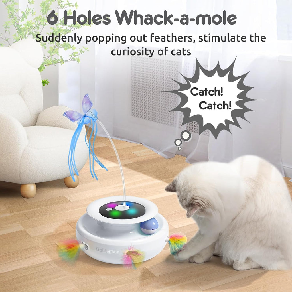 GoldenSun 3-In-1 Interactive Cat Toys for Indoor Cats Adult, Smart Cat Feather Toys, Rechargeable Power Cat Toys Balls & Handmade Butterfly Cat Toy, Teaser with 6 Attachments
