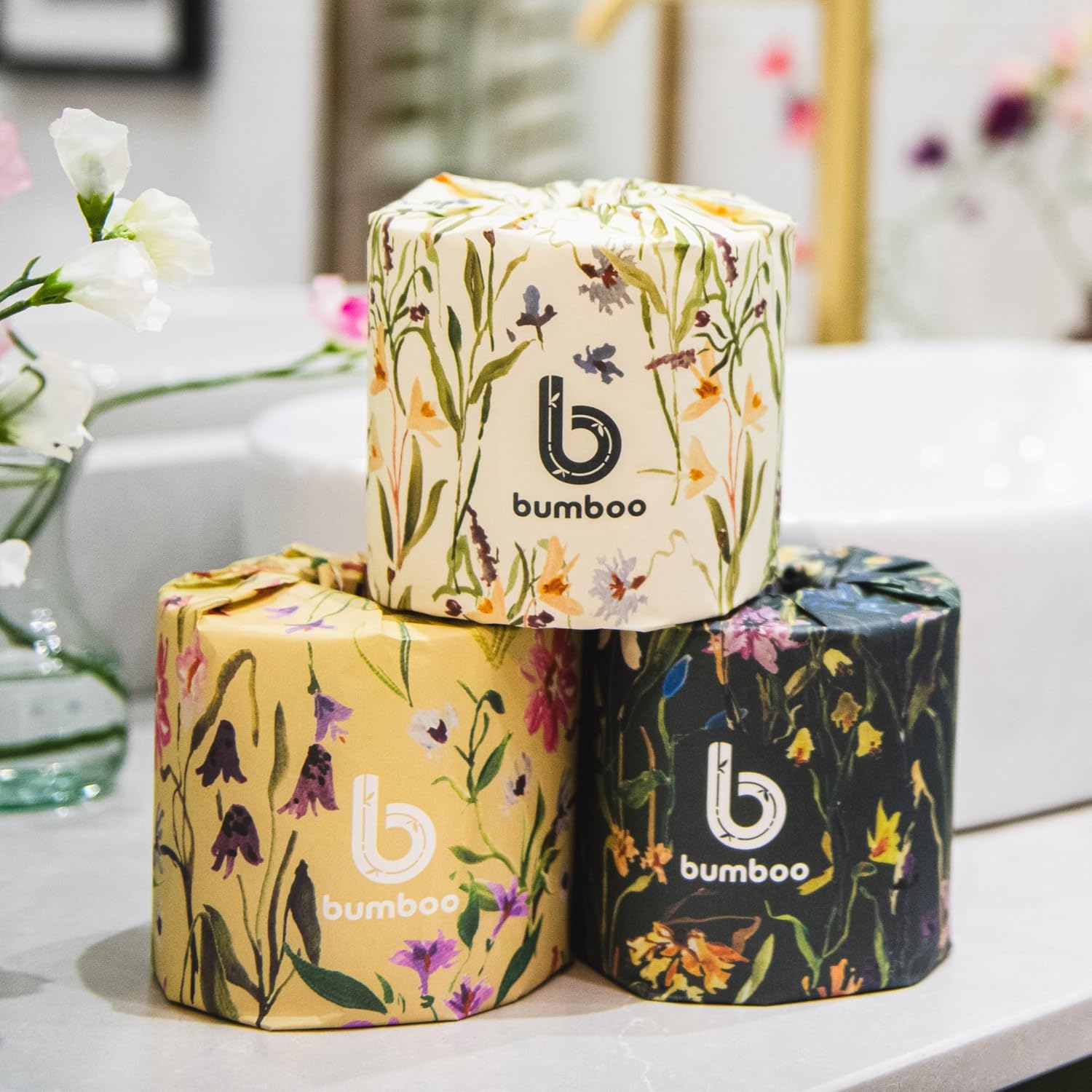Bumboo Bamboo Toilet Roll 24 Pack | Wildflower Edition Wrapped Toilet Paper 3 ply, 300 Sheets | Eco Friendly Toilet Paper | Plastic-Free, Soft, Strong, Sustainable & Biodegradable Toilet Tissue