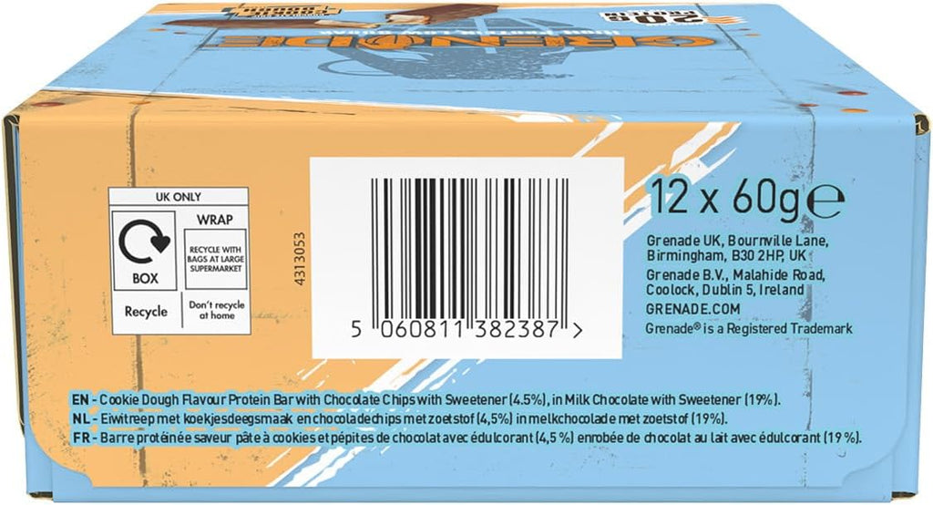 Grenade High Protein, Low Sugar Bar - Chocolate Chip Cookie Dough, 12 x 60 g (Packaging May Vary)