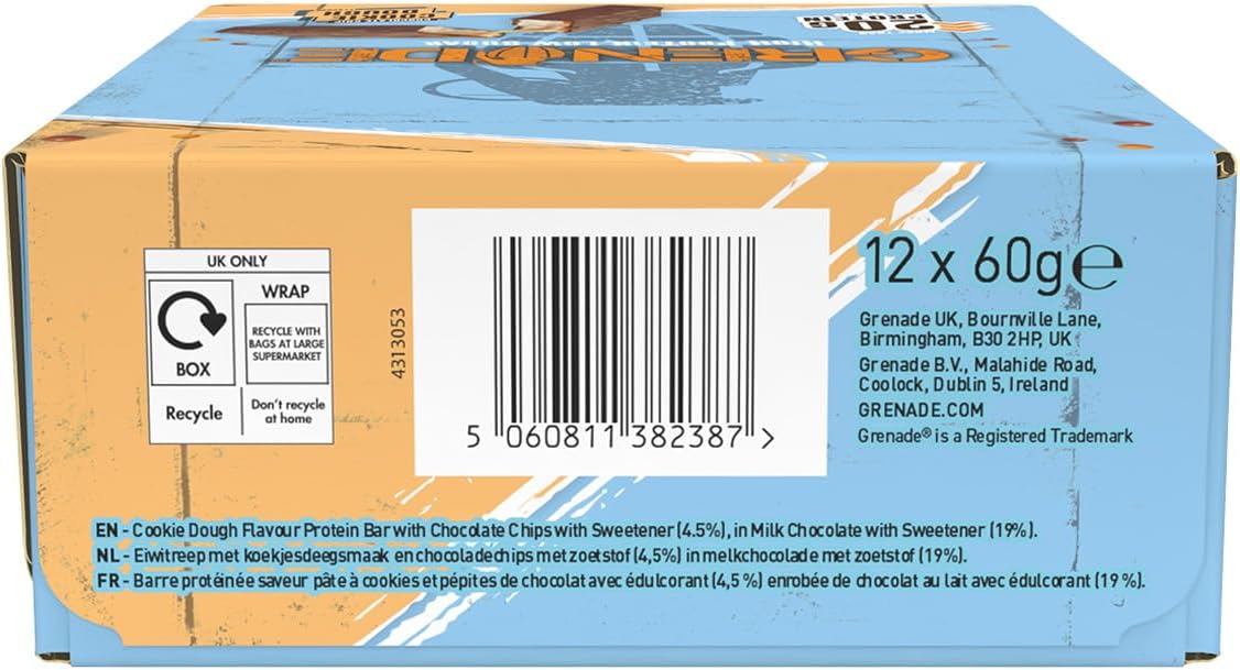 Grenade High Protein, Low Sugar Bar - Chocolate Chip Cookie Dough, 12 x 60 g (Packaging May Vary)