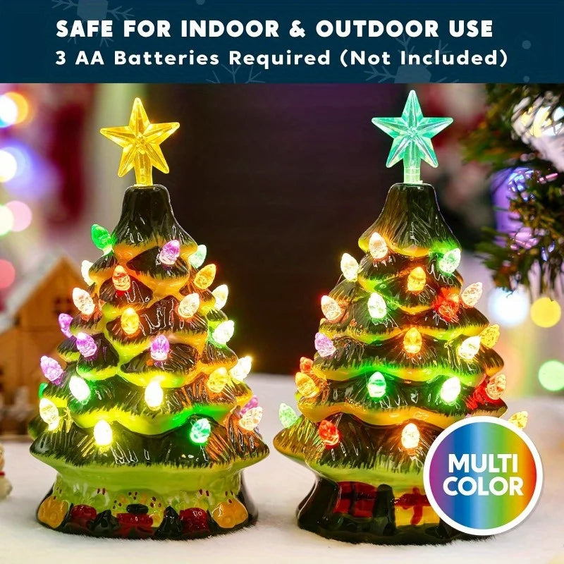 JOYFY 2 Pcs 7" Ceramic Christmas Tree with Candy and Gift Box Design, Mini Prelit Tabletop Christmas Tree withBlue Star & Bulbs