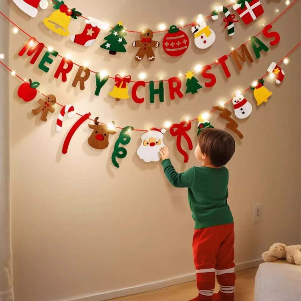 Merry Christmas Handmade DIY Pull Flag Christmas Party Wall Luminous Banner Home Christmas Decorations Room Background Decor