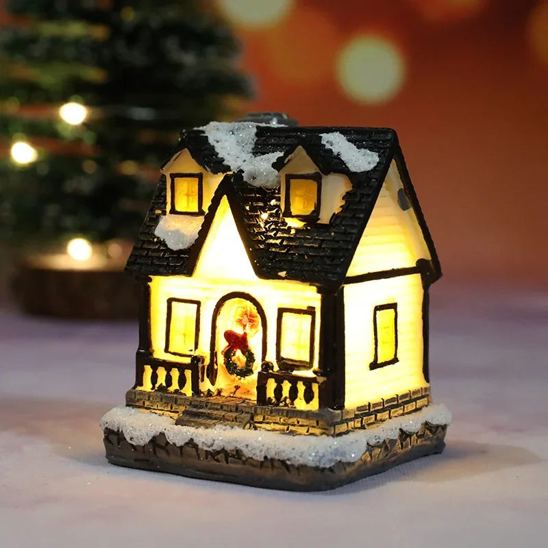 Christmas Decoration House LED Light Xmas Durable Ornaments Small Resin Mini House Miniature Village Building for Home Kids Gift