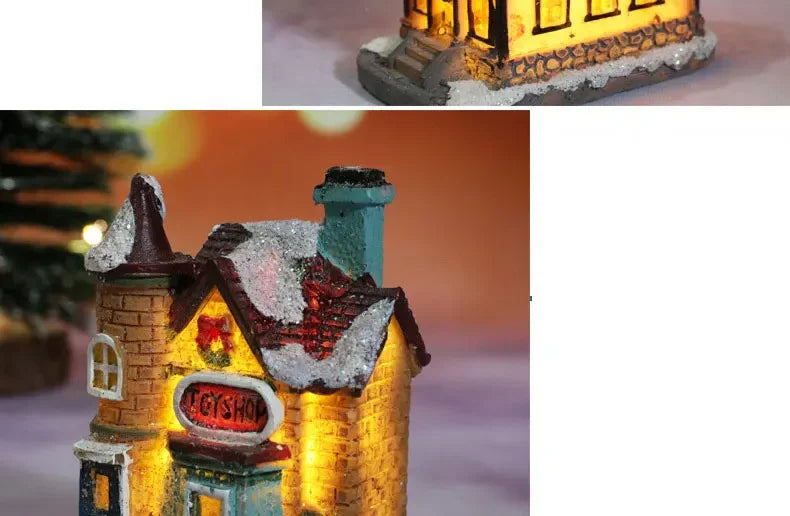 Christmas Decoration House LED Light Xmas Durable Ornaments Small Resin Mini House Miniature Village Building for Home Kids Gift