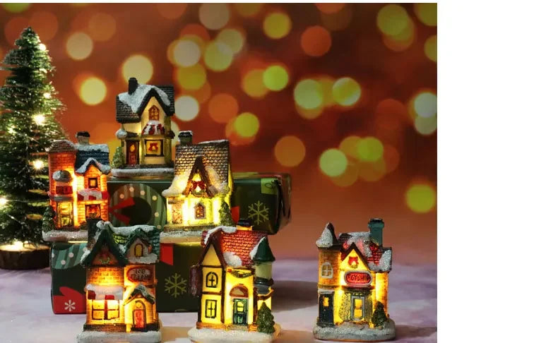 Christmas Decoration House LED Light Xmas Durable Ornaments Small Resin Mini House Miniature Village Building for Home Kids Gift