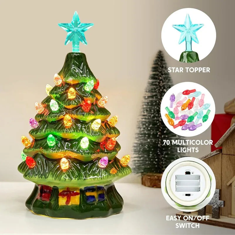 JOYFY 2 Pcs 7" Ceramic Christmas Tree with Candy and Gift Box Design, Mini Prelit Tabletop Christmas Tree withBlue Star & Bulbs