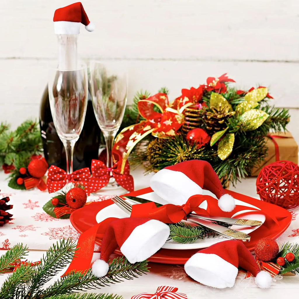 1/10Pcs Mini Santa Hats Christmas Lollipop Hat For  Wine Bottles Cover For Christmas Silverware Holders Table Dinner Decorations