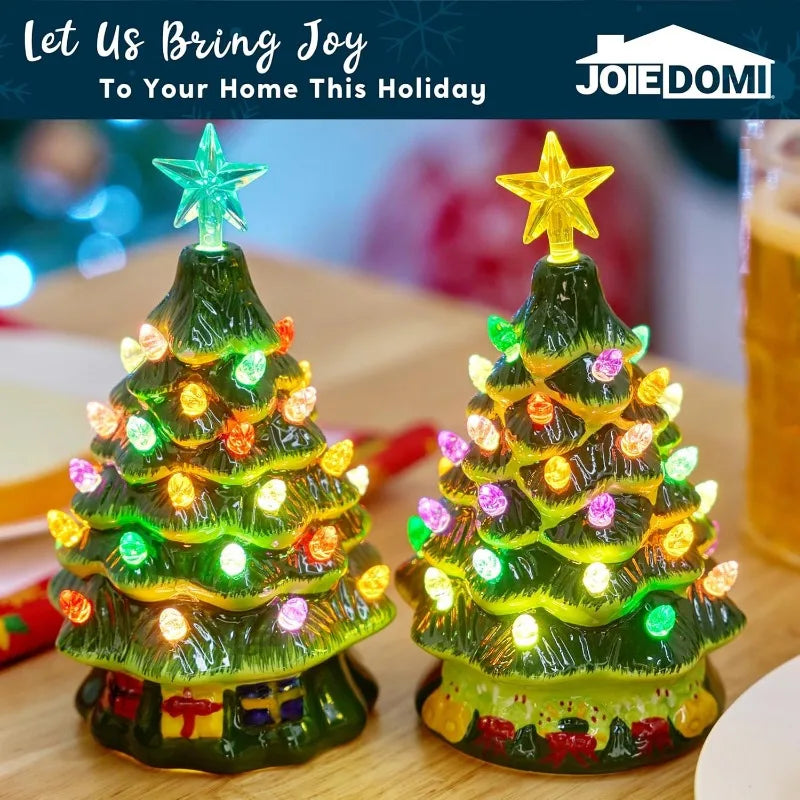 JOYFY 2 Pcs 7" Ceramic Christmas Tree with Candy and Gift Box Design, Mini Prelit Tabletop Christmas Tree withBlue Star & Bulbs