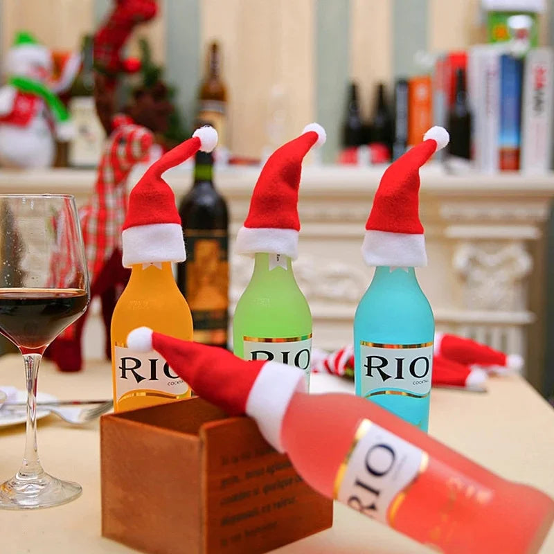 1/10Pcs Mini Santa Hats Christmas Lollipop Hat For  Wine Bottles Cover For Christmas Silverware Holders Table Dinner Decorations