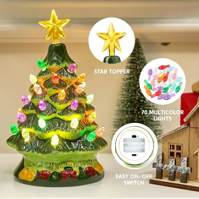 JOYFY 2 Pcs 7" Ceramic Christmas Tree with Candy and Gift Box Design, Mini Prelit Tabletop Christmas Tree withBlue Star & Bulbs