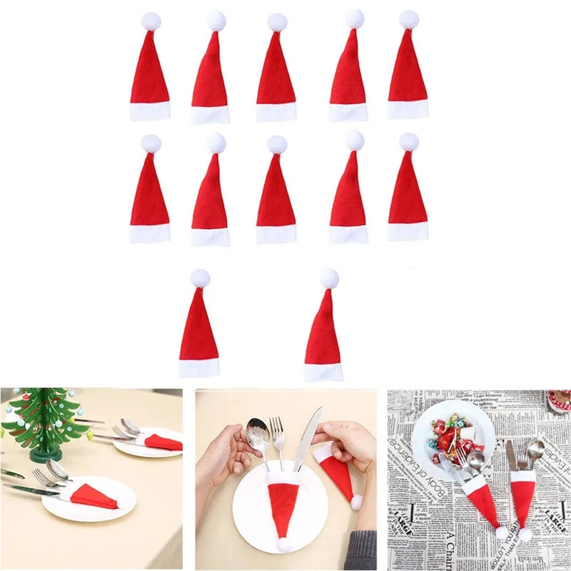 1/10Pcs Mini Santa Hats Christmas Lollipop Hat For  Wine Bottles Cover For Christmas Silverware Holders Table Dinner Decorations