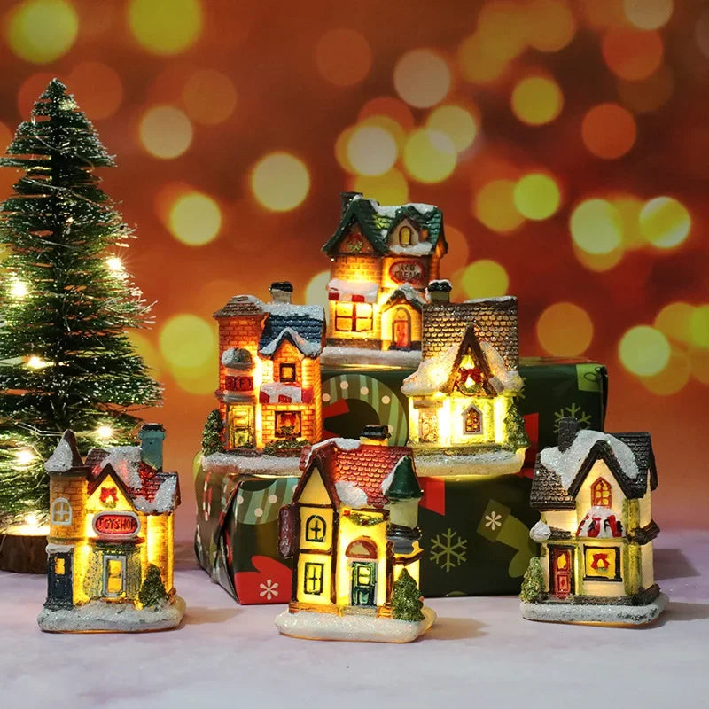Christmas Decoration House LED Light Xmas Durable Ornaments Small Resin Mini House Miniature Village Building for Home Kids Gift