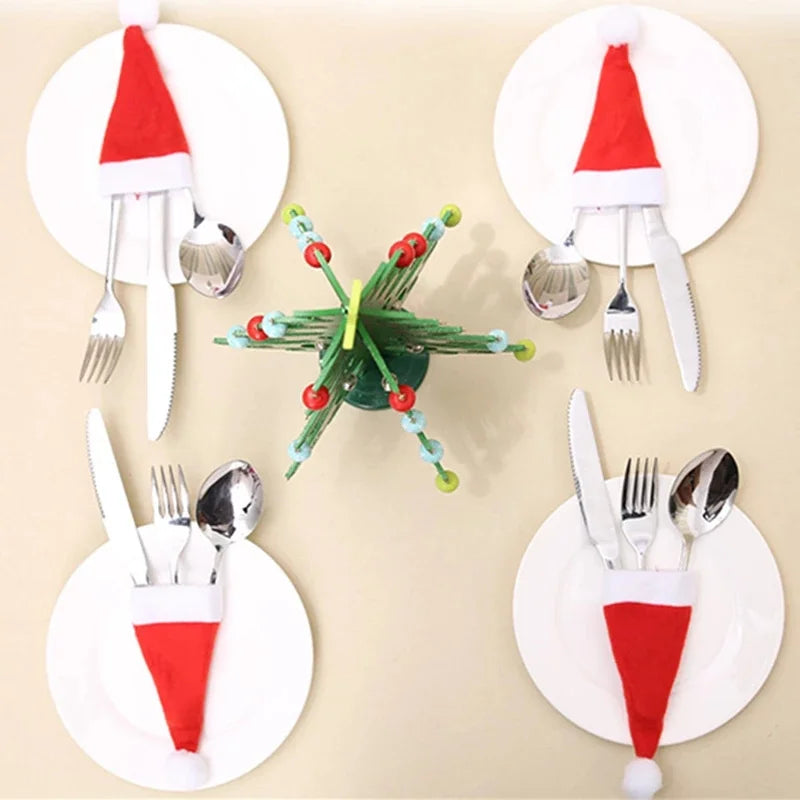 1/10Pcs Mini Santa Hats Christmas Lollipop Hat For  Wine Bottles Cover For Christmas Silverware Holders Table Dinner Decorations