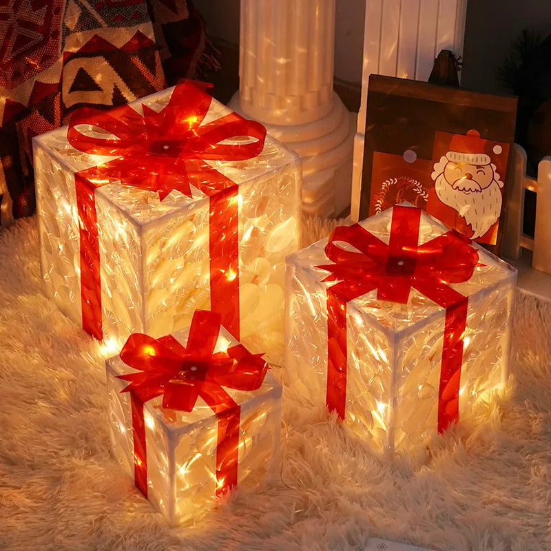 Christmas Glowing Gifts Box Decoration Ornament With Bow Lighting Box Outdoor Light Lighting Xmas New Year 2024 Home Yard Decor