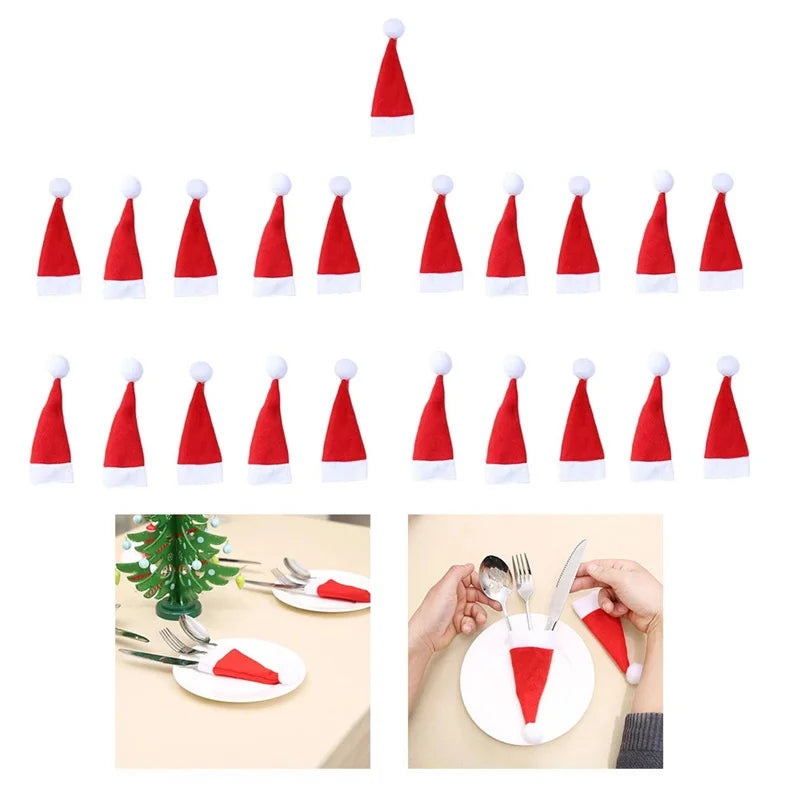 1/10Pcs Mini Santa Hats Christmas Lollipop Hat For  Wine Bottles Cover For Christmas Silverware Holders Table Dinner Decorations