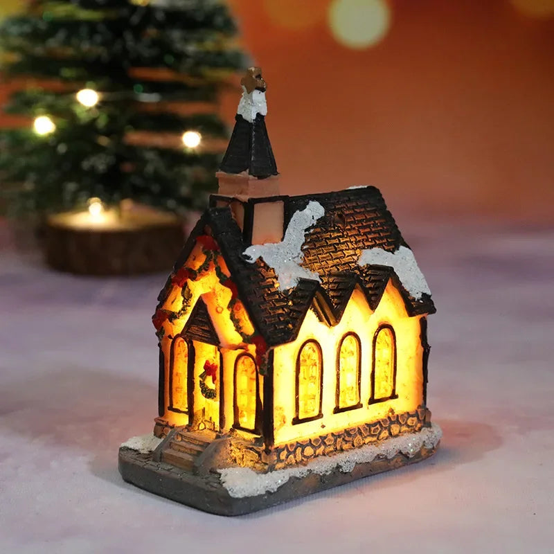 Christmas Decoration House LED Light Xmas Durable Ornaments Small Resin Mini House Miniature Village Building for Home Kids Gift