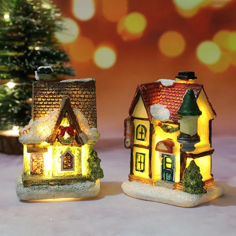 Christmas Decoration House LED Light Xmas Durable Ornaments Small Resin Mini House Miniature Village Building for Home Kids Gift