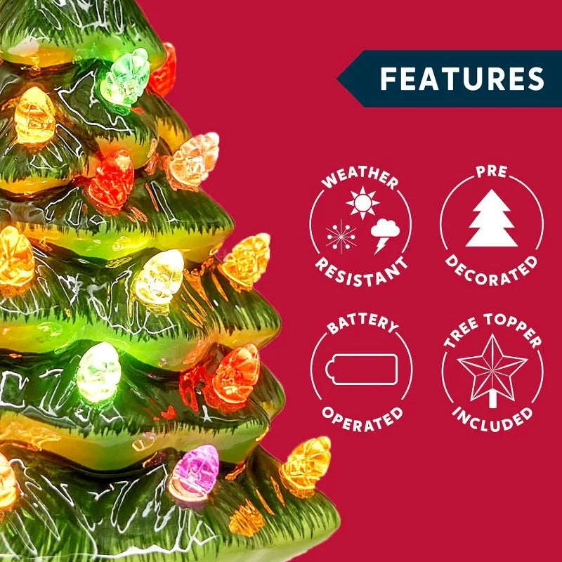 JOYFY 2 Pcs 7" Ceramic Christmas Tree with Candy and Gift Box Design, Mini Prelit Tabletop Christmas Tree withBlue Star & Bulbs