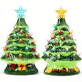 JOYFY 2 Pcs 7" Ceramic Christmas Tree with Candy and Gift Box Design, Mini Prelit Tabletop Christmas Tree withBlue Star & Bulbs