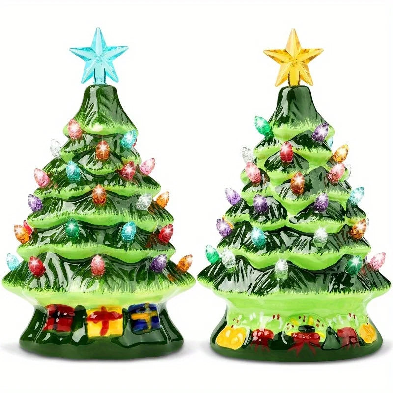 JOYFY 2 Pcs 7" Ceramic Christmas Tree with Candy and Gift Box Design, Mini Prelit Tabletop Christmas Tree withBlue Star & Bulbs