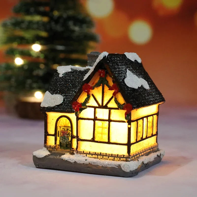 Christmas Decoration House LED Light Xmas Durable Ornaments Small Resin Mini House Miniature Village Building for Home Kids Gift