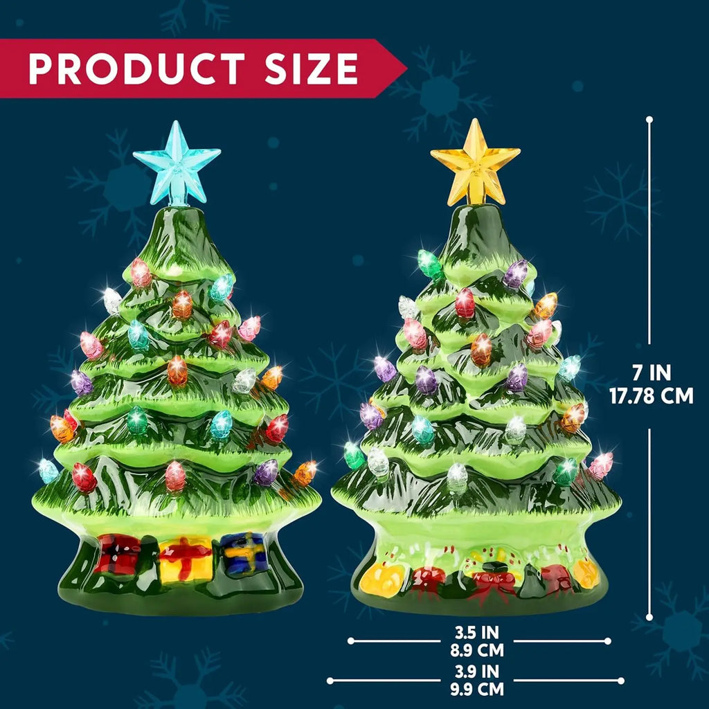 JOYFY 2 Pcs 7" Ceramic Christmas Tree with Candy and Gift Box Design, Mini Prelit Tabletop Christmas Tree withBlue Star & Bulbs