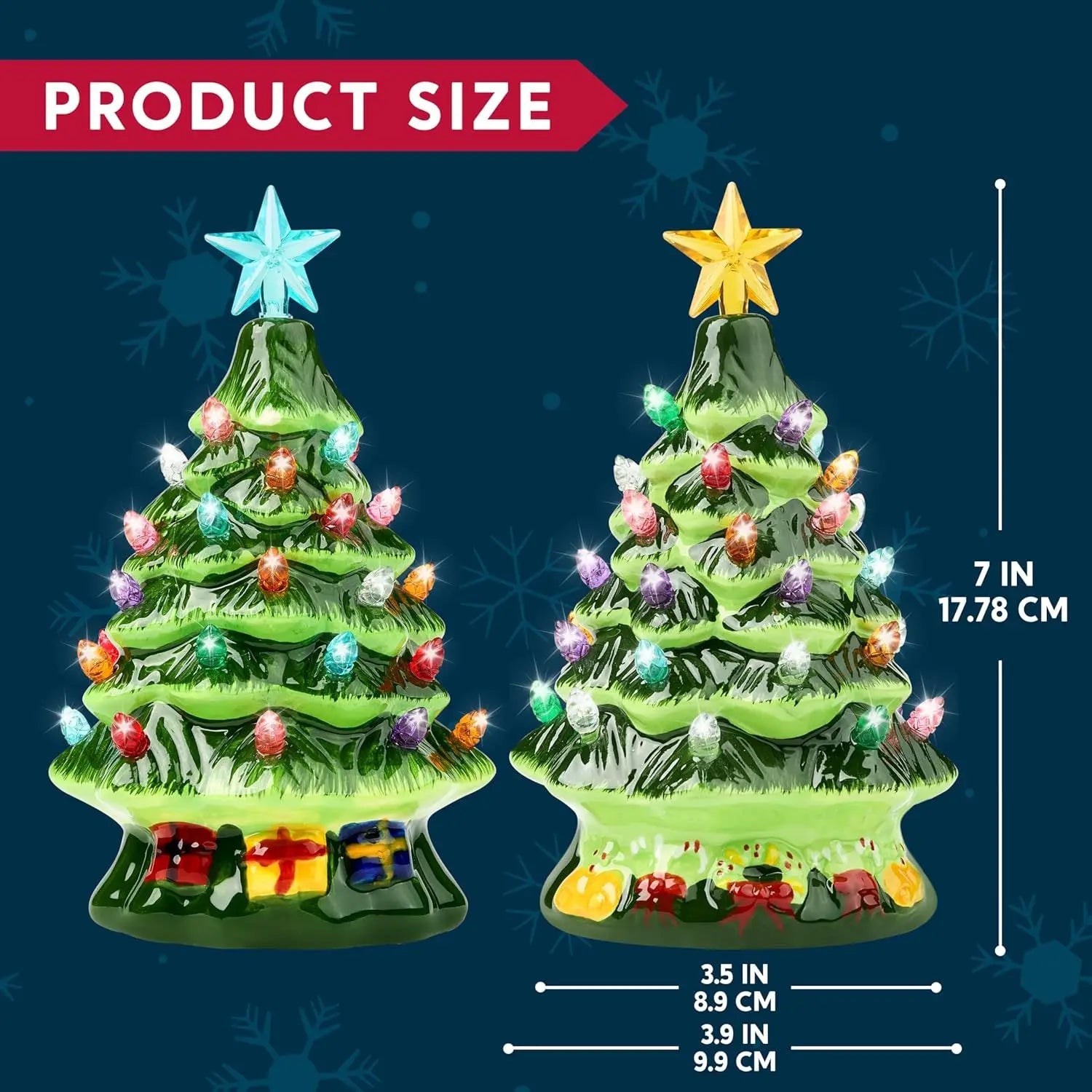 JOYFY 2 Pcs 7" Ceramic Christmas Tree with Candy and Gift Box Design, Mini Prelit Tabletop Christmas Tree withBlue Star & Bulbs