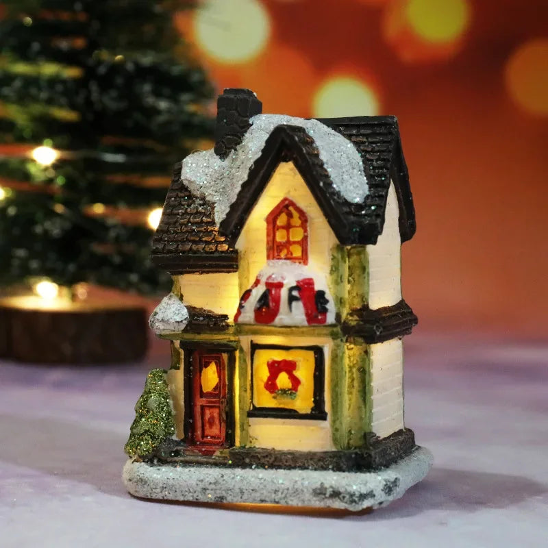 Christmas Decoration House LED Light Xmas Durable Ornaments Small Resin Mini House Miniature Village Building for Home Kids Gift