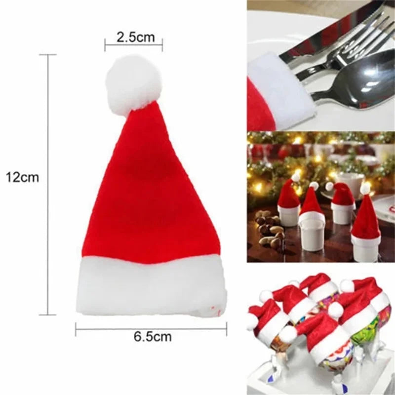 1/10Pcs Mini Santa Hats Christmas Lollipop Hat For  Wine Bottles Cover For Christmas Silverware Holders Table Dinner Decorations